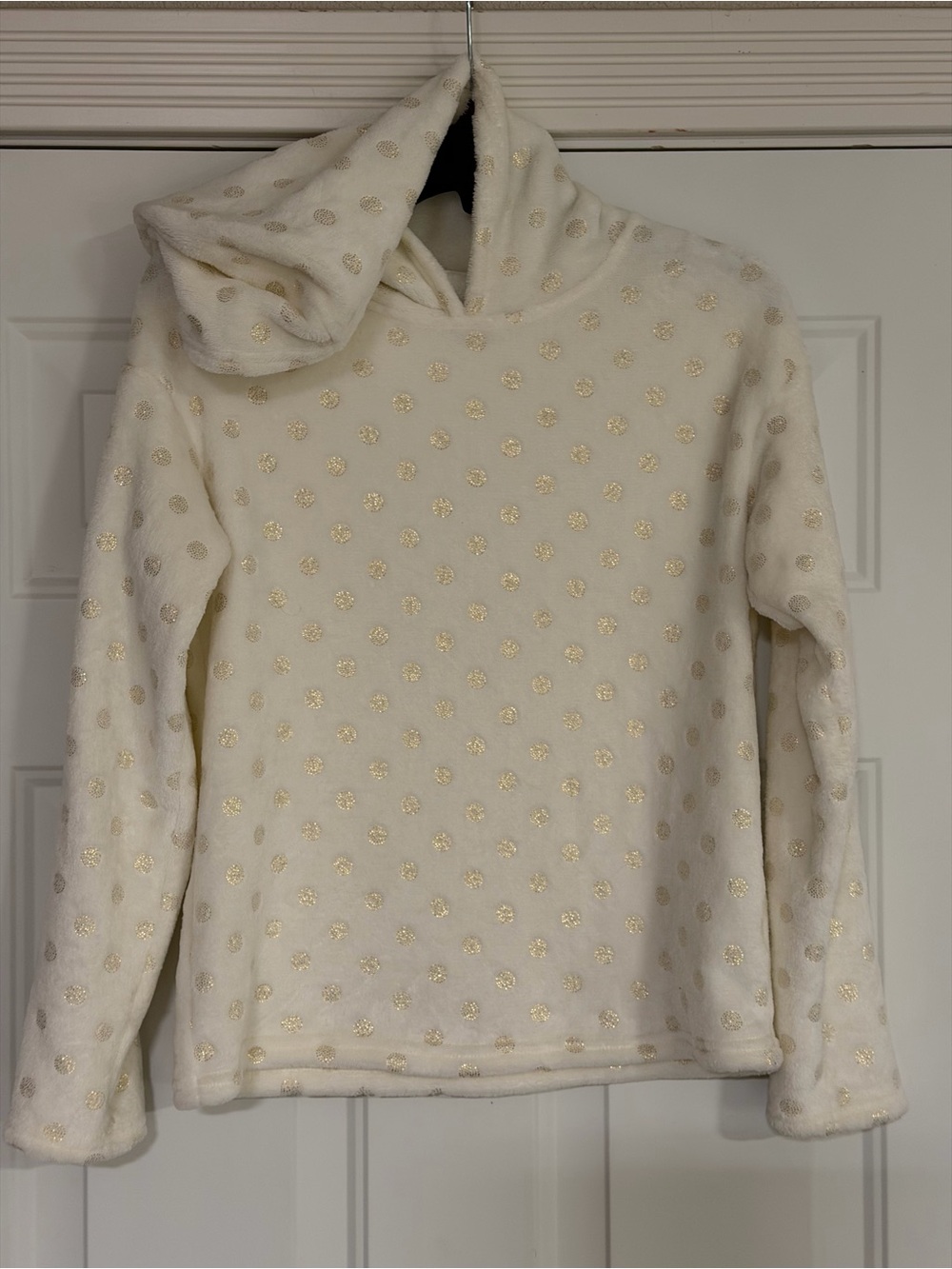 BCBG Girls~Soft~Fuzzy~Off-White~Metallic Gold Polka Dot~Pullover~Hoodie~Size L - Picture 3 of 13